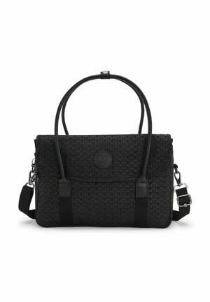 Black synthetic handbag with a geometric pattern, featuring dual handles and a detachable shoulder strap. Includes a logo accent.