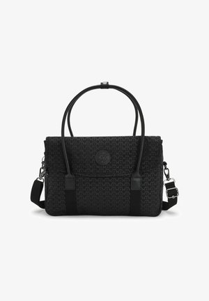 Schwarze synthetische Handtasche mit einem geometrischen Muster, ausgestattet mit zwei Griffen und einem abnehmbaren Schultergurt. Mit Logo-Akzent.