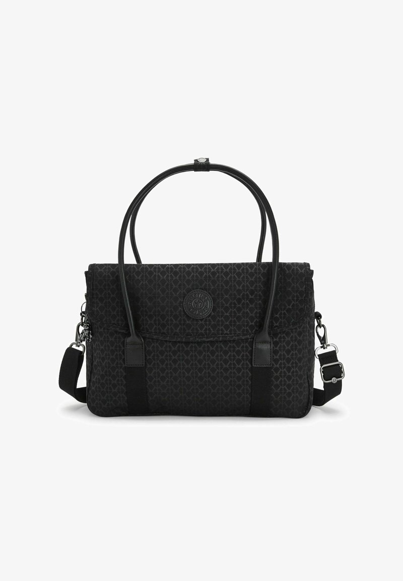 Czarna syntetyczna torebka z geometrycznym wzorem, z podwójnymi uchwytami i odpinanym paskiem na ramię. Zawiera akcent w postaci logo.