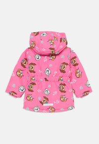 Veste en duvet rose avec un motif de chien en dessin animé, taille élastique, manches longues et une capuche ornée d'accents de pattes ludiques.