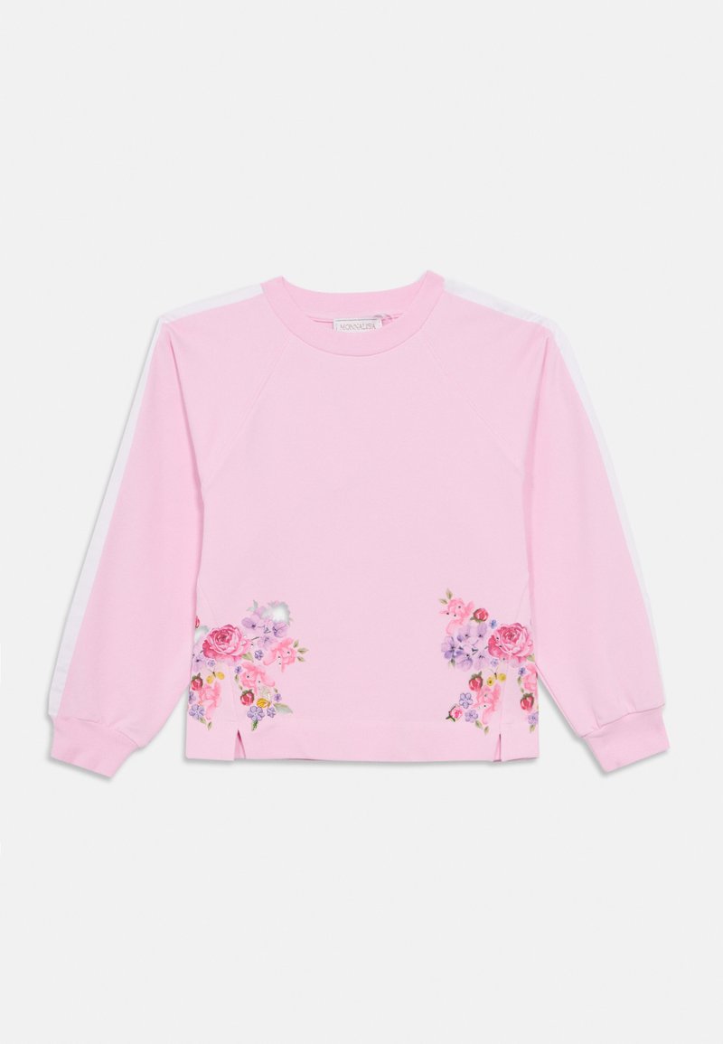 Ροζ φούτερ με κεντήματα λουλουδιών στο τελείωμα, μανίκια ράγκλαν, πλαινές σχισμές και λευκές λεπτομέρειες στα μανίκια. Ύφασμα από βαμβακερό μείγμα.