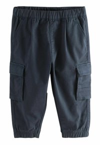 Dunkelblaue Cargo-Hosen aus strapazierfähigem Stoff, mit elastischem Bund, Seitentaschen und zwei seitlichen Cargo-Taschen. Weiche Textur.