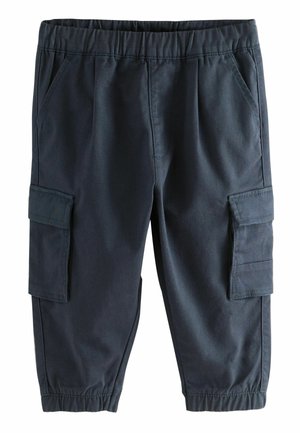Pantaloni cargo blu scuro realizzati in tessuto resistente, con cintura elasticizzata, tasche laterali e due tasche cargo laterali. Texture morbida.
