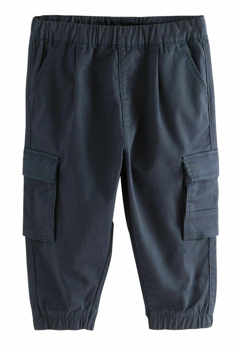 Dunkelblaue Cargo-Hosen aus strapazierfähigem Stoff, mit elastischem Bund, Seitentaschen und zwei seitlichen Cargo-Taschen. Weiche Textur.