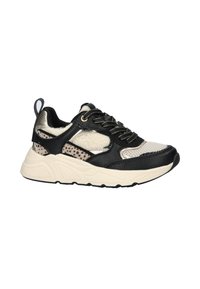 Zwarte en beige sneaker met een gestructureerde mesh bovenkant, een nep bont voering, gouden accenten en een dikke witte zool met kenmerkende profielpatronen.