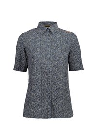 Korte mouwen overhemd in marineblauw met een bloemenpatroon in crème en mosterd, voorzien van een klassieke kraag en borstdetail.