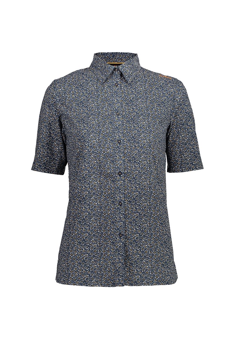 Korte mouwen overhemd in marineblauw met een bloemenpatroon in crème en mosterd, voorzien van een klassieke kraag en borstdetail.