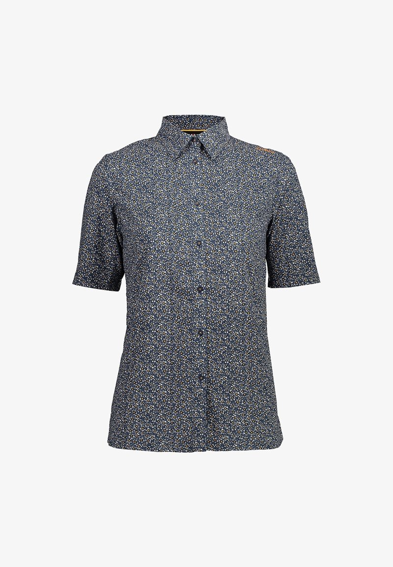 Korte mouwen overhemd in marineblauw met een bloemenpatroon in crème en mosterd, voorzien van een klassieke kraag en borstdetail.