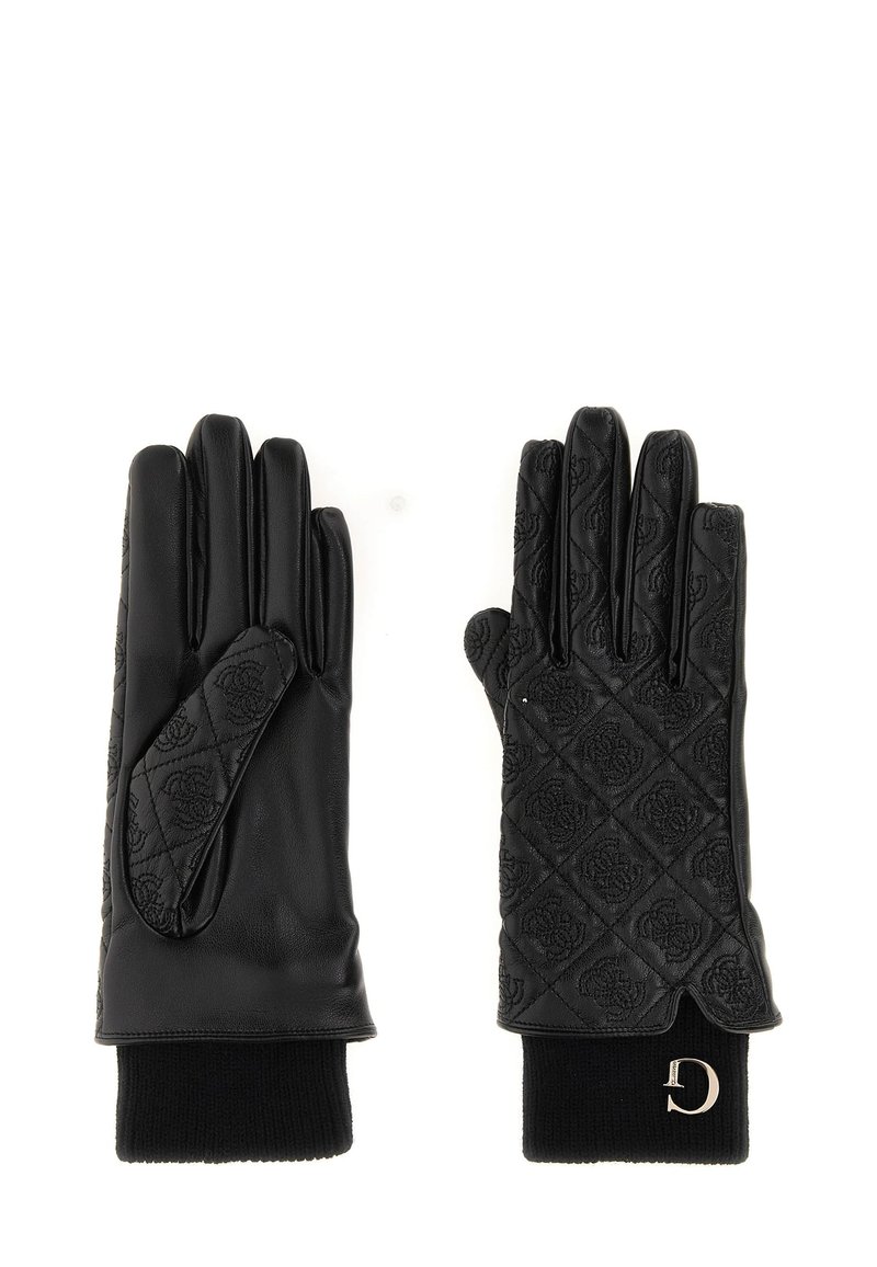 Pair of black leather gloves with quilted patterned backs, knit cuffs, and a small metallic "D" charm on one cuff.