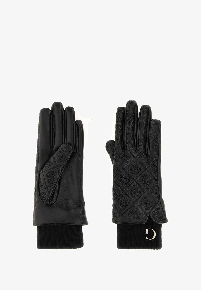 Pair of black leather gloves with quilted patterned backs, knit cuffs, and a small metallic "D" charm on one cuff.