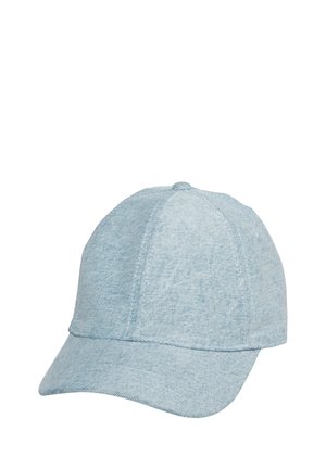 Hellblaues Denim-Baseballcap mit einer runden Krone, gebogenem Schirm und gesteppten Details. Der Stoff wirkt strukturiert mit einem weichen, lässigen Finish.