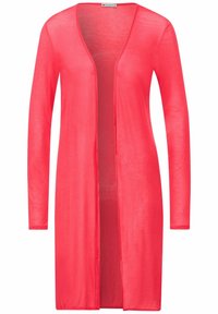 Korallinen pitkähiha cardigan, avoin etuosasuunnittelu, kevyt ja läpikuultava kangas, minimaalinen ompelu ja suora helma.