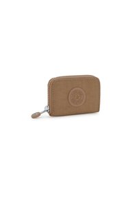 Brown nylon wallet with a circular embossed logo, zipper closure, and a small wooden pull tab. Features clean lines and a compact design.