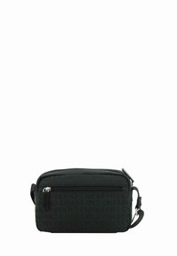 Bolso cruzado de tela negra con logotipo de la marca estampado, cierre con cremallera, correa ajustable y forma rectangular. Textura suave.