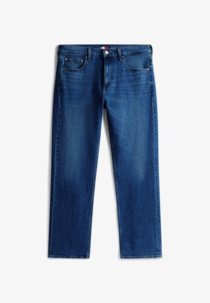 Blå denim jeans med lige ben, fem lommer, knaplukning og subtil falmning på forreste lår.