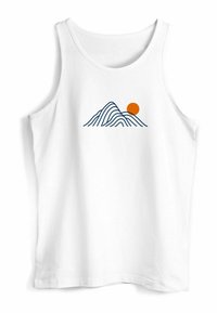 White tank top featuring a graphic of mountains in blue lines and a solid orange sun above. Soft cotton fabric, sleeveless design.