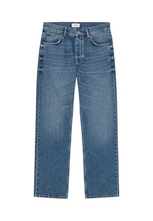 Blue straight-leg denim jeans with front pockets, belt loops, and a button fly closure, laid flat on a white background.