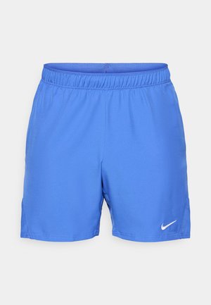 Blue sports shorts made of lightweight, smooth material. Elastic waistband with a small white Nike logo on the lower left side.