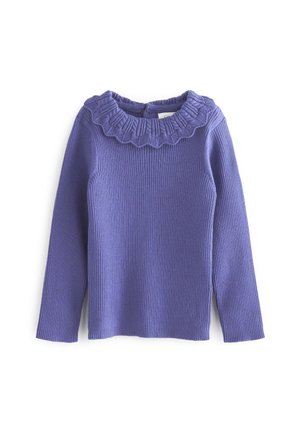 Pull violet côtelé à manches longues avec un col en tricot à volants, étalé à plat sur un fond blanc.