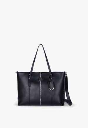 Borsa tote in pelle nera con doppio manico, una striscia verticale centrale a motivo e una tracolla removibile con hardware in argento.