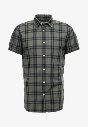 Koszula z krótkim rękawem na guziki w zielono-granatową kratę z kieszenią na piersi.