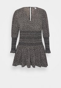 Šaty s květinovým potiskem mají černé pozadí s bílými květy, nařasený pas, dlouhé rukávy a rozšířenou sukni. Uzavření na klíčovou dírku na zádech.