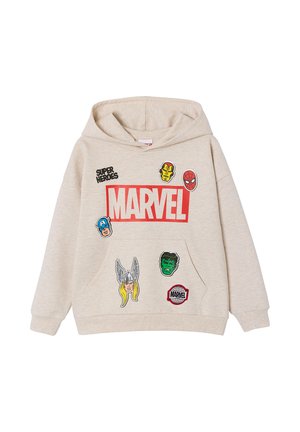 Beige Marvel hoodie with superhero faces: Iron Man, Spider-Man, Captain America, Thor, Hulk, and Marvel logo patches, "Super Heroes" text.