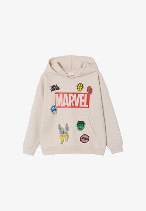 Beige Marvel hoodie with superhero faces: Iron Man, Spider-Man, Captain America, Thor, Hulk, and Marvel logo patches, "Super Heroes" text.