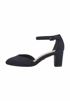 Chaussure pour femme en daim bleu foncé avec bout pointu, talon bloc et bride à la cheville avec boucle.