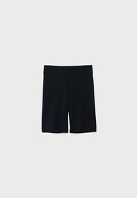 Dark navy bike shorts made of stretchy fabric, featuring a wide waistband and a smooth texture, cut just above the knee.