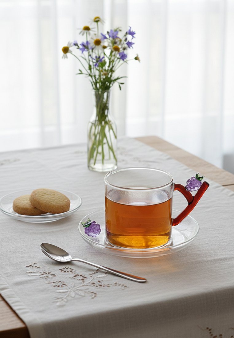 Przezroczysty szklany kubek z bursztynową herbatą i uchwytem ozdobionym winogronami na spodku, srebrna łyżeczka, ciastka na talerzu oraz dzikie kwiaty w wazonie na białym obrusie.