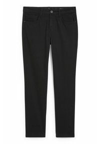 Pantalon en sergé de coton noir avec une coupe droite. Comprend cinq poches, une fermeture par bouton, et des détails de couture minimaux. Texture lisse.
