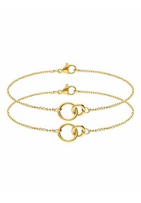 Gouden dubbele kettingarmband met in elkaar grijpende ronde schakels en een sluiting met een kreeftensnap. Soepele textuur met een gepolijste afwerking.