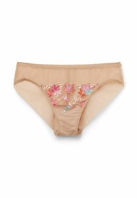 Beige onderbroek van zachte stof, met florale borduursels in roze en blauw aan de voorkant. Fijne kantafwerking langs de tailleband.