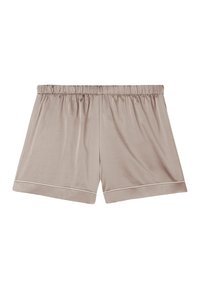 Pantalones cortos beige de tela suave, con cintura elástica, corte relajado y un sutil ribete contrastante en el dobladillo.