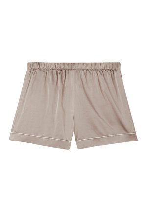 Beiga shorts i mjukt tyg, med resårmidja, avslappnad passform och en subtil kontrasterande kant vid fållen.