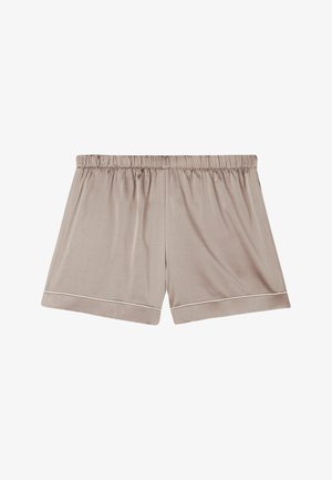 Pantaloni corti beige realizzati in tessuto morbido, con una cintura elastica, vestibilità comoda e un sottile bordo a contrasto all'orlo.