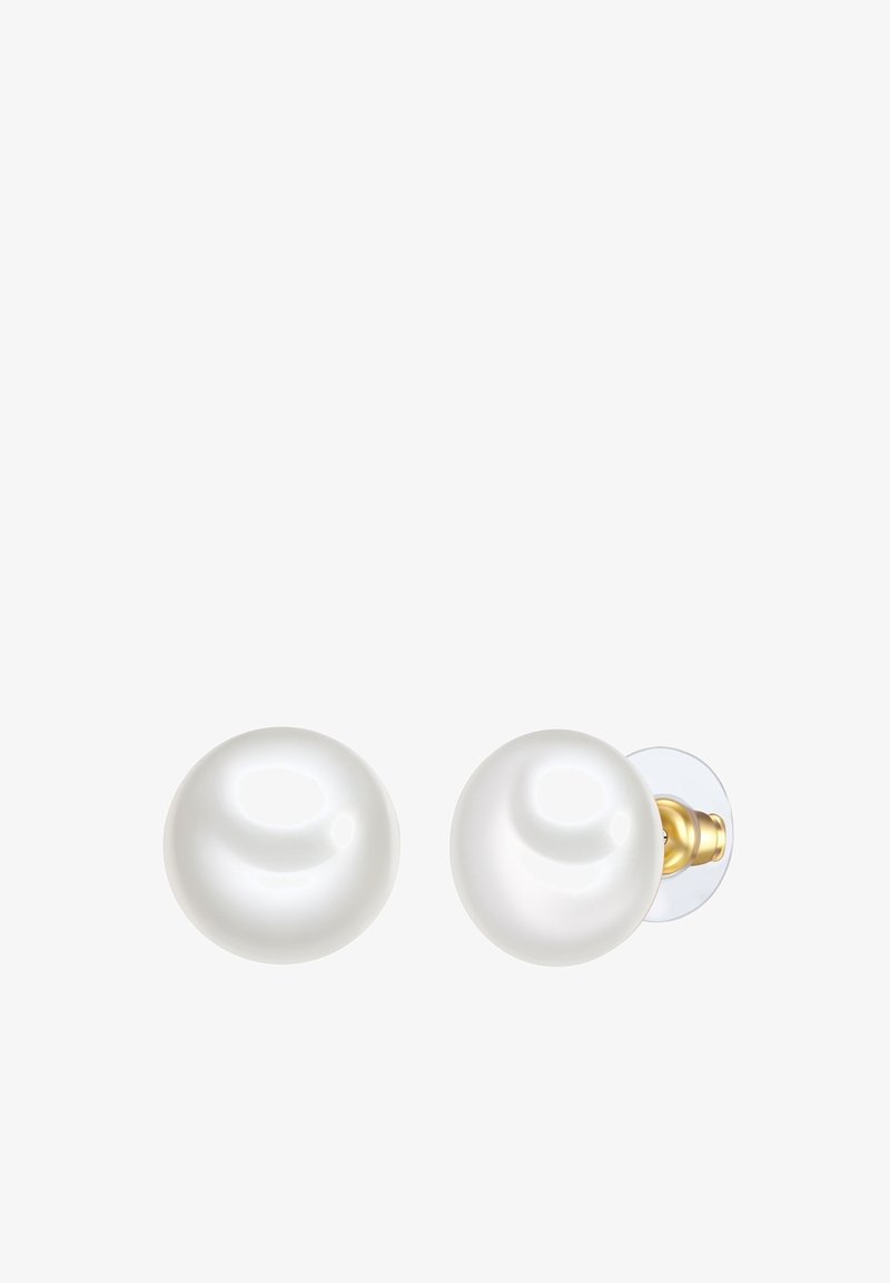 Runde weiße Perlen-Stiftohrringe mit glatter Oberfläche, glänzendem Finish und Metallbeschlägen in Goldfarbe für die Rückseite.