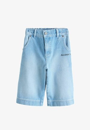 Lichtblauwe denim shorts met elastische taille, zijzakken, knoopsluiting en "ALLSAINTS" logo op de rechtervoorzak.