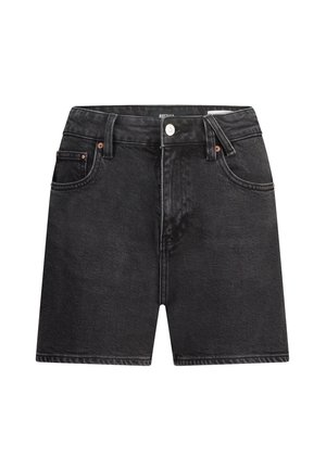Zwarte denim shorts met een hoge tailleband, vijf-pocket ontwerp, koperen hardware en een licht vervaagde textuur.