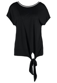 Haut noir à manches courtes avec encolure ronde et bordure blanche contrastante. Présente un détail en nœud à la taille et une texture lisse et douce.