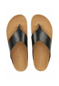 Infradito in pelle nera con parte superiore texture, sole imbottito color beige e suole in gomma bianche. Design semplice con fascia tra le dita e logo.
