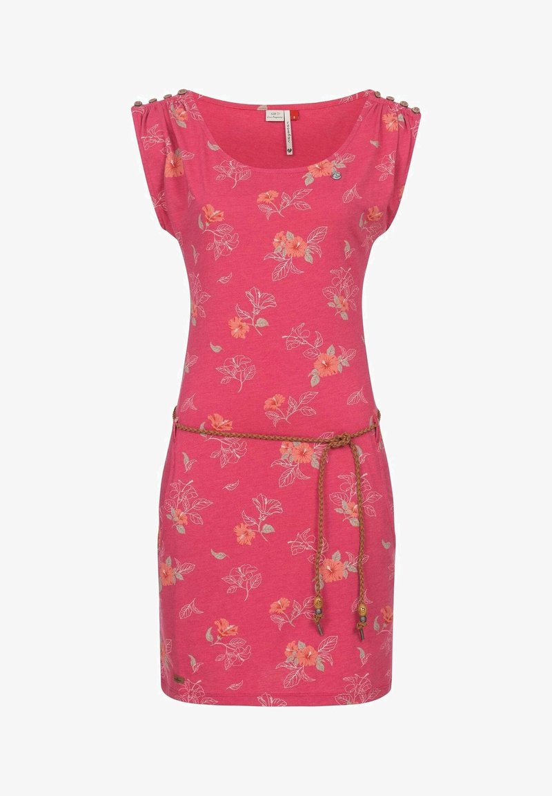 Robe en coton rose à motif floral, manches courtes, boutons décoratifs sur l'épaule et ceinture nouée à la taille. Texture lisse et coupe mi-longue jusqu'aux genoux.