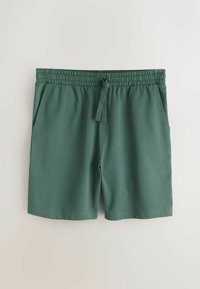 Zöld sportos rövidnadrág puha, pamutkeverék anyagból, elasztikus derékpánttal, húzózsinórral és oldalsó zsebekkel.
