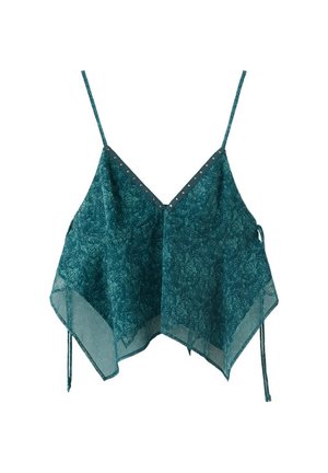 Camisole sans manches bleu sarcelle à motif floral, fines bretelles, décolleté en V clouté et ourlet asymétrique en forme de mouchoir avec liens latéraux.