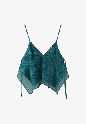 Camisole sans manches bleu sarcelle à motif floral, fines bretelles, décolleté en V clouté et ourlet asymétrique en forme de mouchoir avec liens latéraux.