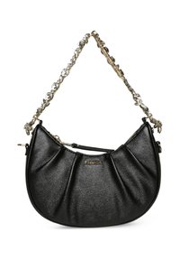 Sort, tekstureret håndtaske med en plisseret design og en kædestrop med klare ædelsten. Inkluderer en aftagelig skulderrem.