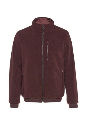 Veste polaire marron avec fermeture éclair intégrale à l'avant, col haut et poches zippées poitrine et côtés, présentée sur fond blanc.
