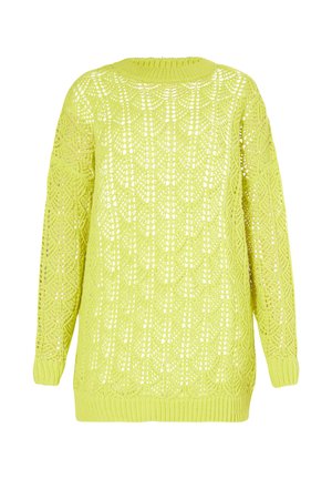 Maglione di lana verde lime a maniche lunghe con motivo a rete e collo, polsini e orlo a coste.