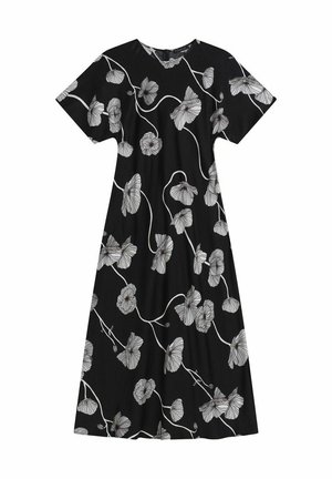 Sort kjole med korte ærmer, rund halsudskæring og et blomsterdesign i hvidt med detaljeret linjearbejde. Længden når under knæet.